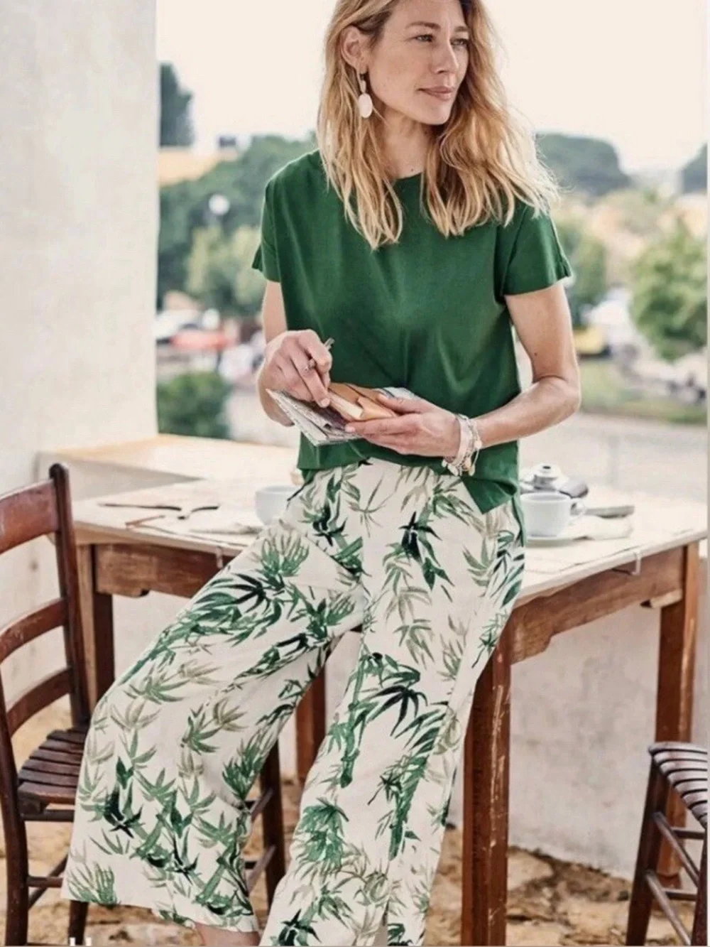 J. Jill Barley Palm Print Linen-Blend Wide Leg Crop Pants Beige GreenLeaf SP NWT - Picture 1 of 16